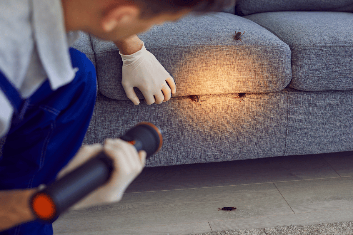 man holding a torch looking for cockroaches on the couch